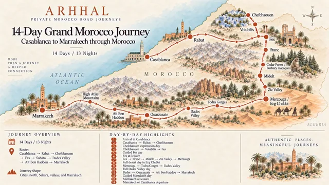 Illustrated overview of the fourteen-day Grand Morocco road journey.