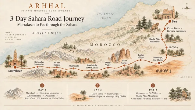 Illustrated overview of the three-day Marrakech to Fes Sahara road journey.