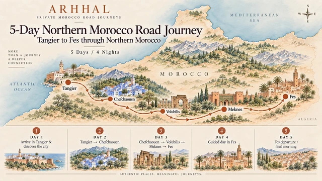 Approved landscape infographic with the five-day Tangier to Fes road journey and five day-by-day route illustrations.